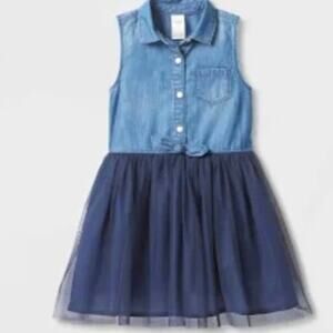 Toddler Girls' Chambray Sleeveless Tulle Dress - Blue 2T NEW